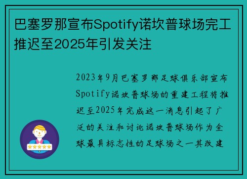 巴塞罗那宣布Spotify诺坎普球场完工推迟至2025年引发关注